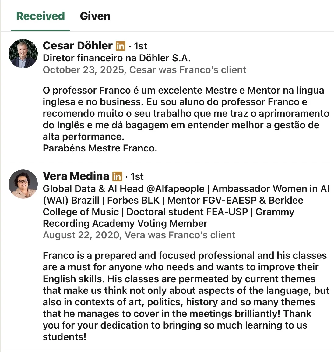 Recomendações de Cesar Döhler e Vera Medina no LinkedIn