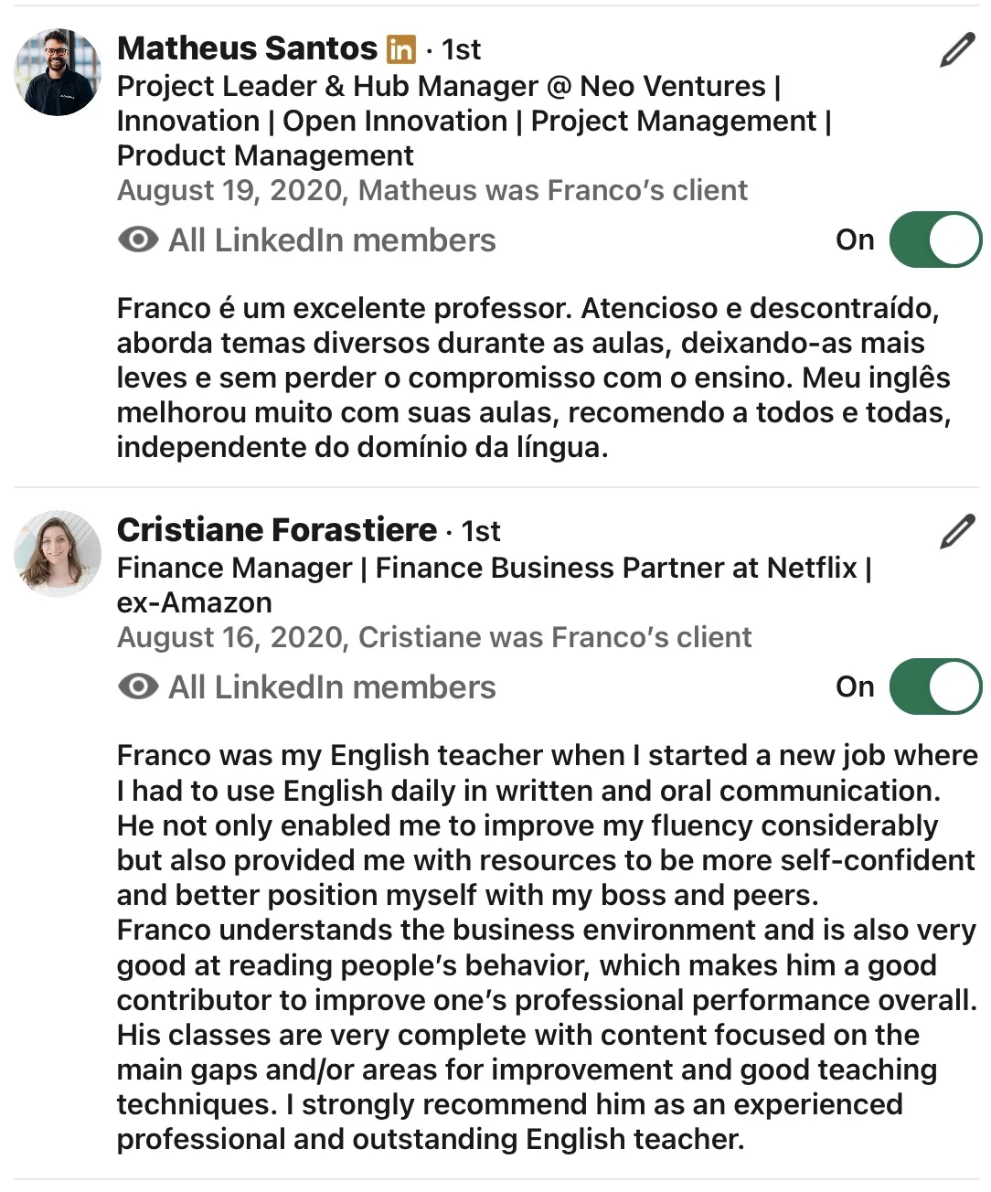 Recomendações de Matheus Santos e Cristiane Forastiere no LinkedIn