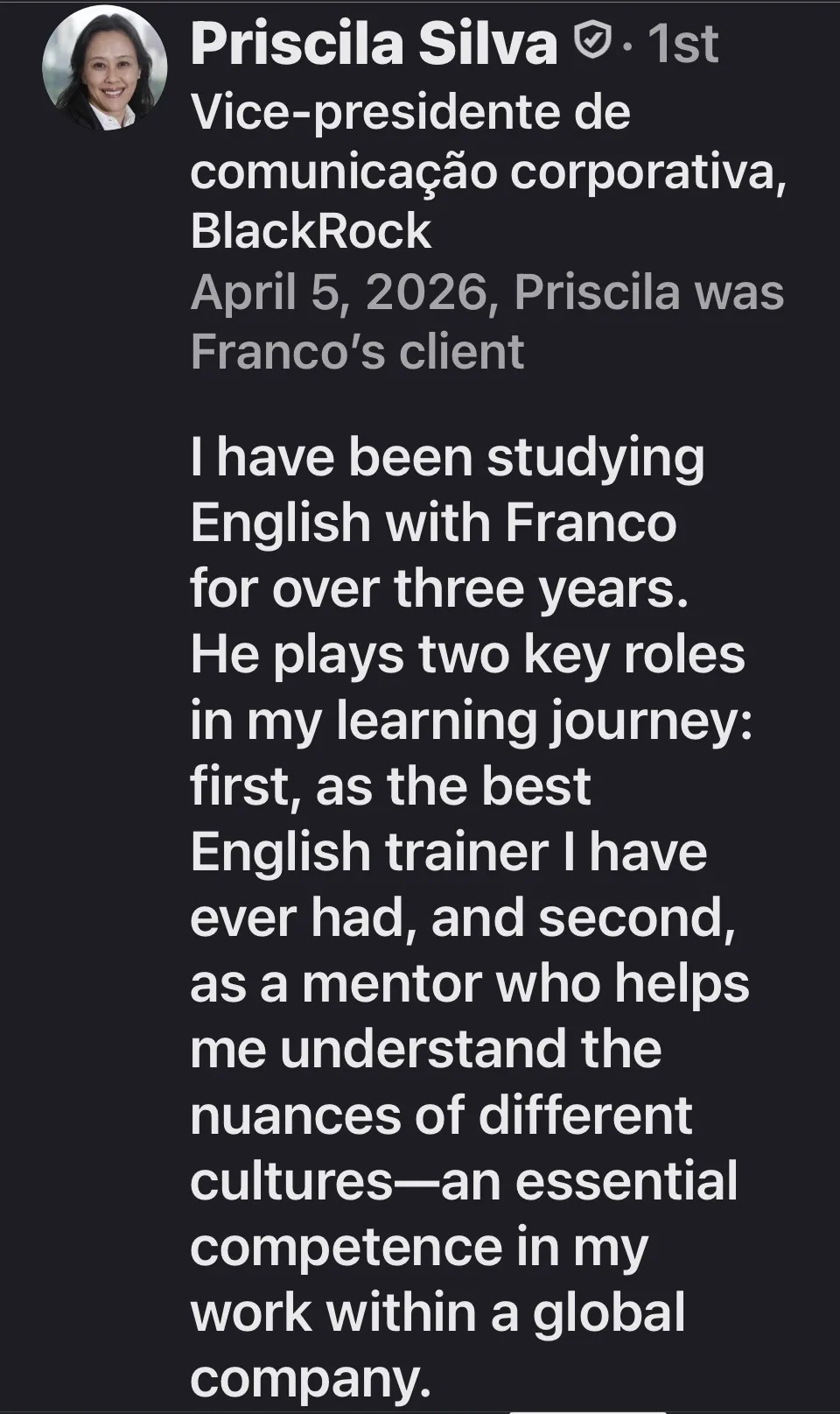Recomendação de Priscila Silva (BlackRock) no LinkedIn